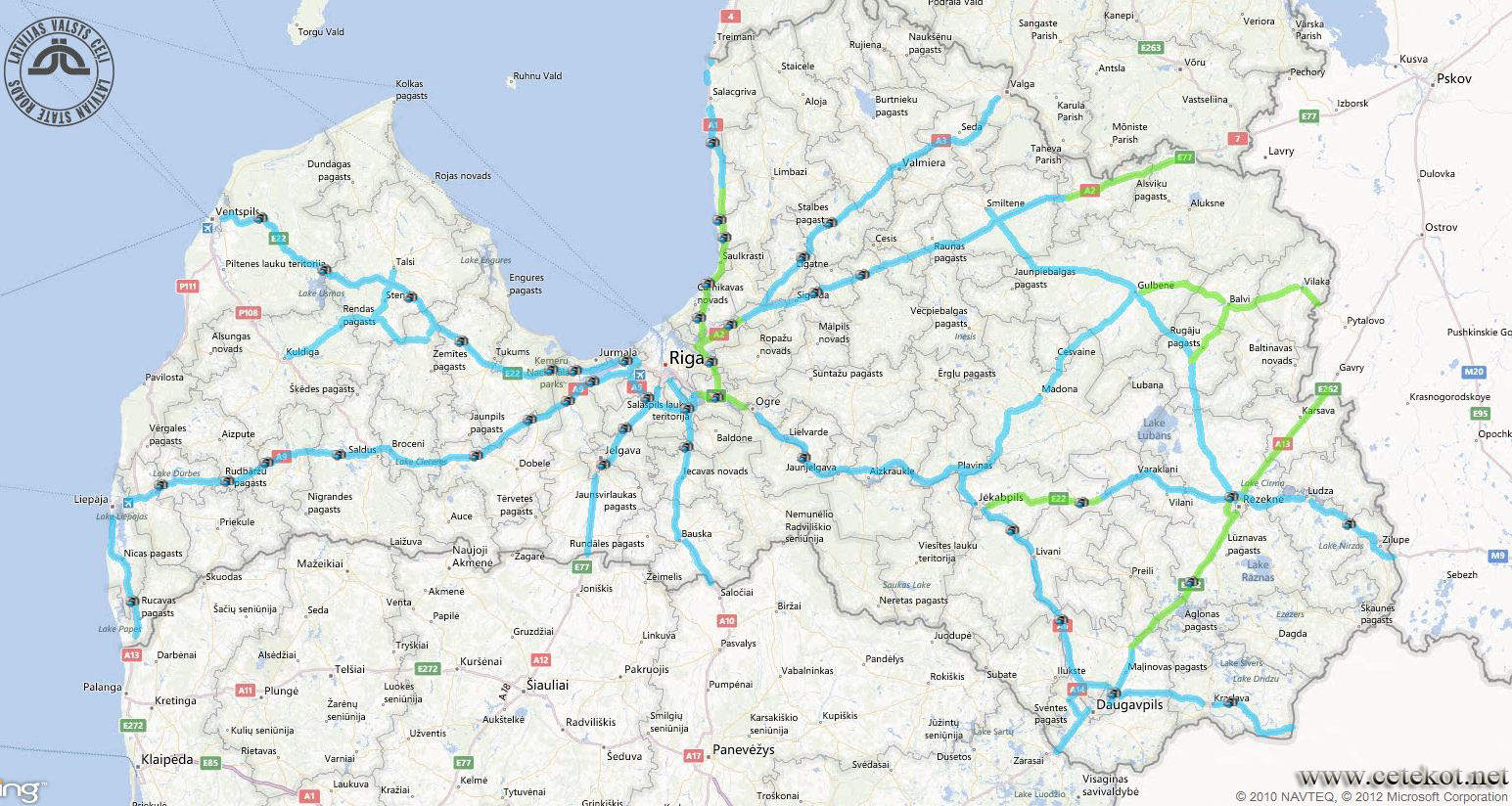 Карта латвийских дорог зимой. Зелёный - хорошо, голубой - плохо.